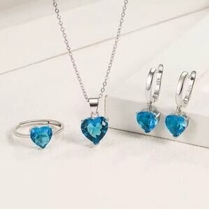 925 Sterling Silver Lab Sapphire Hearts Set Women's Fashion Birthday Anniversary